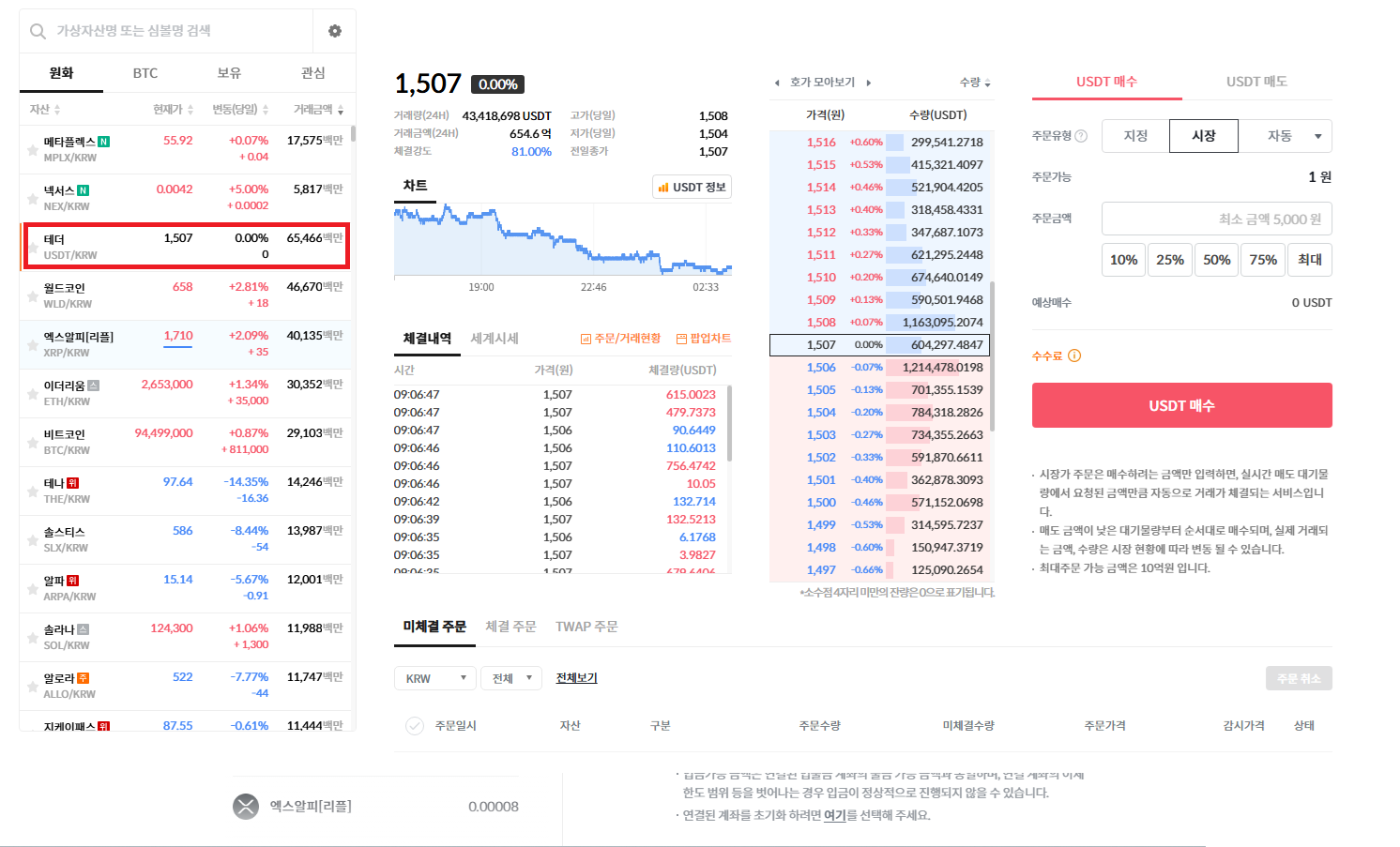 빗썸 USDT 매수 화면