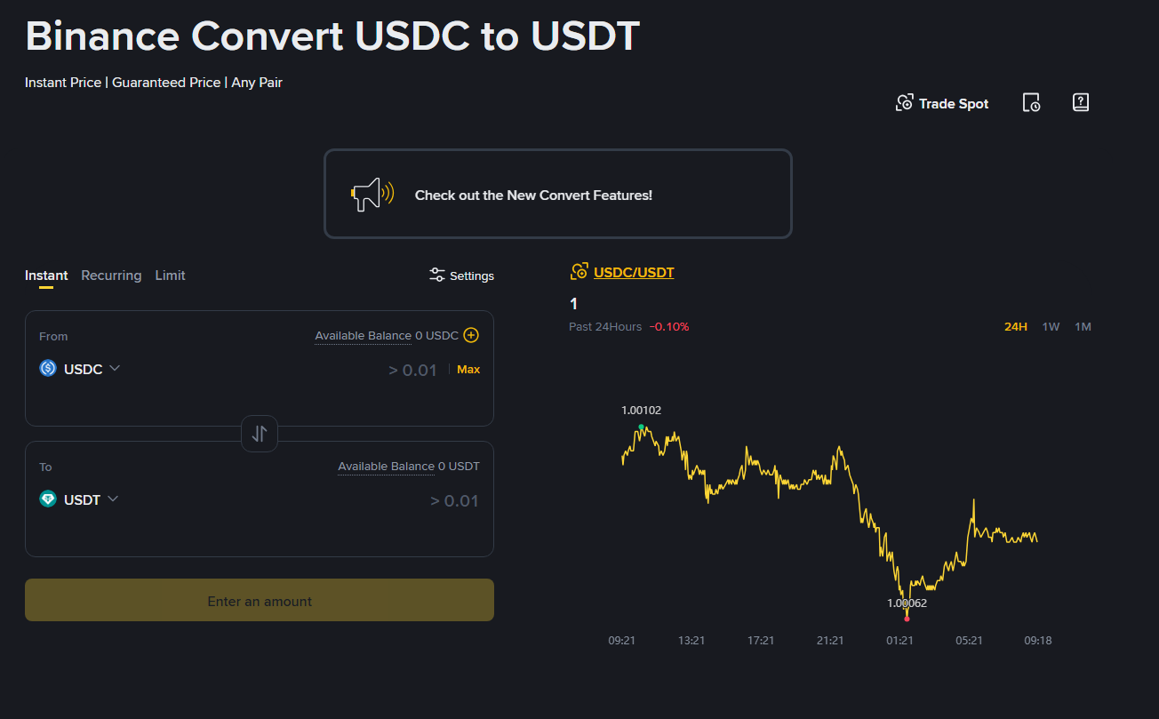 바이낸스 Convert USDC to USDT 화면