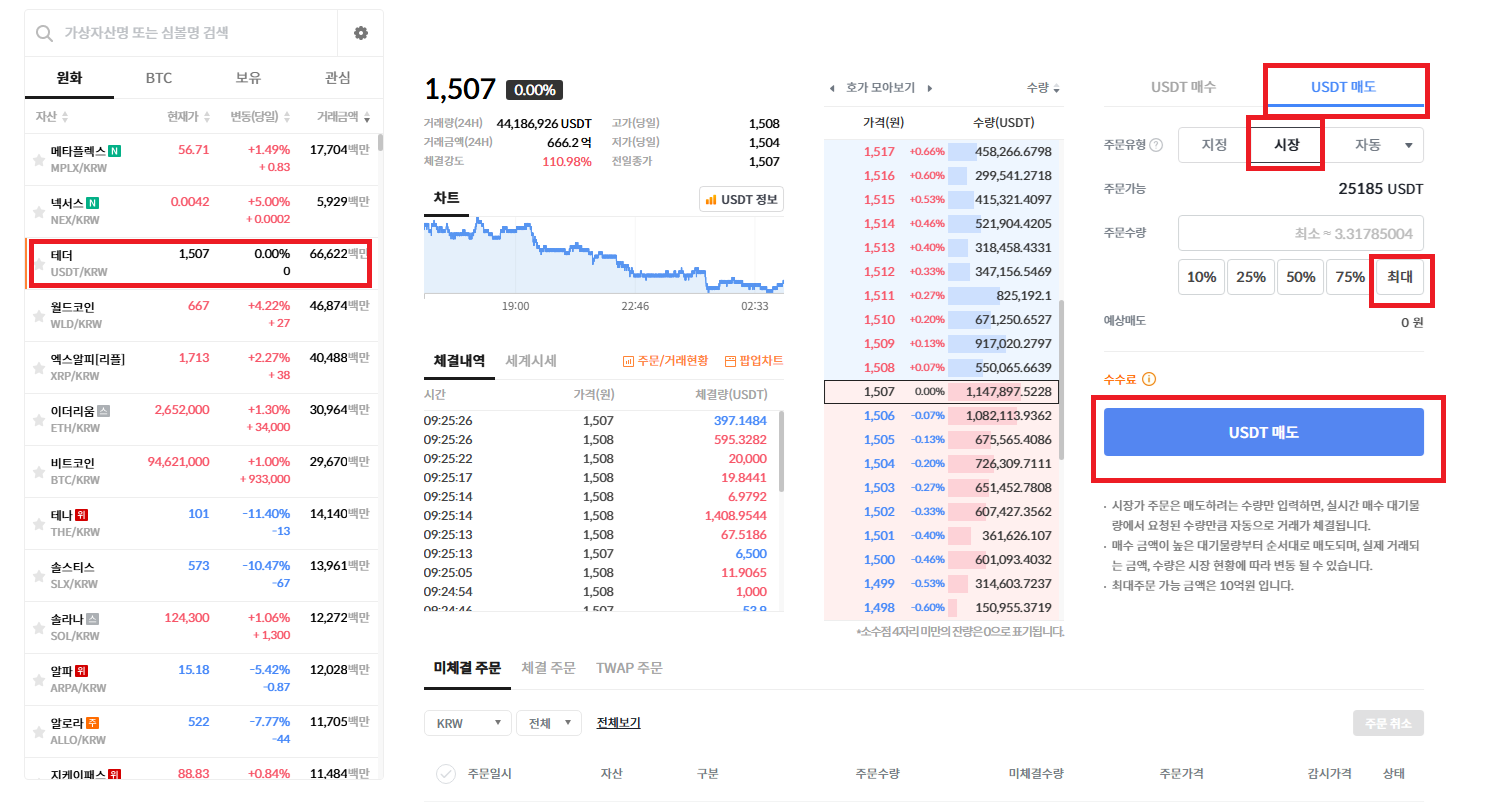 빗썸 USDT 매도 화면
